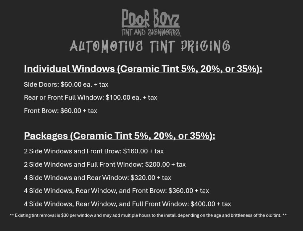 Poor Boyz Tint - Ceramic Pricing